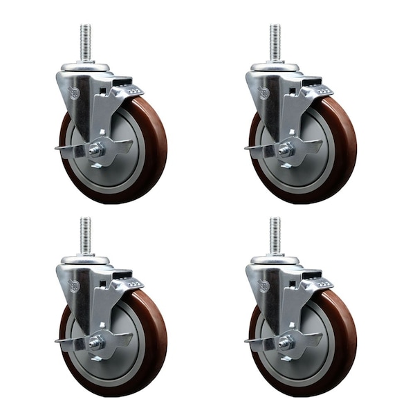 Service Caster 5 Inch Maroon Polyurethane Wheel Swivel 34 Inch Threaded Stem Caster Set with Brake SCC SCC-TS20S514-PPUB-MRN-TLB-34212-4 - main